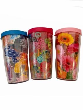 Set of 3 Tervis Tumbler Cups with Lids 16 oz Elephants Peace Flowers EUC